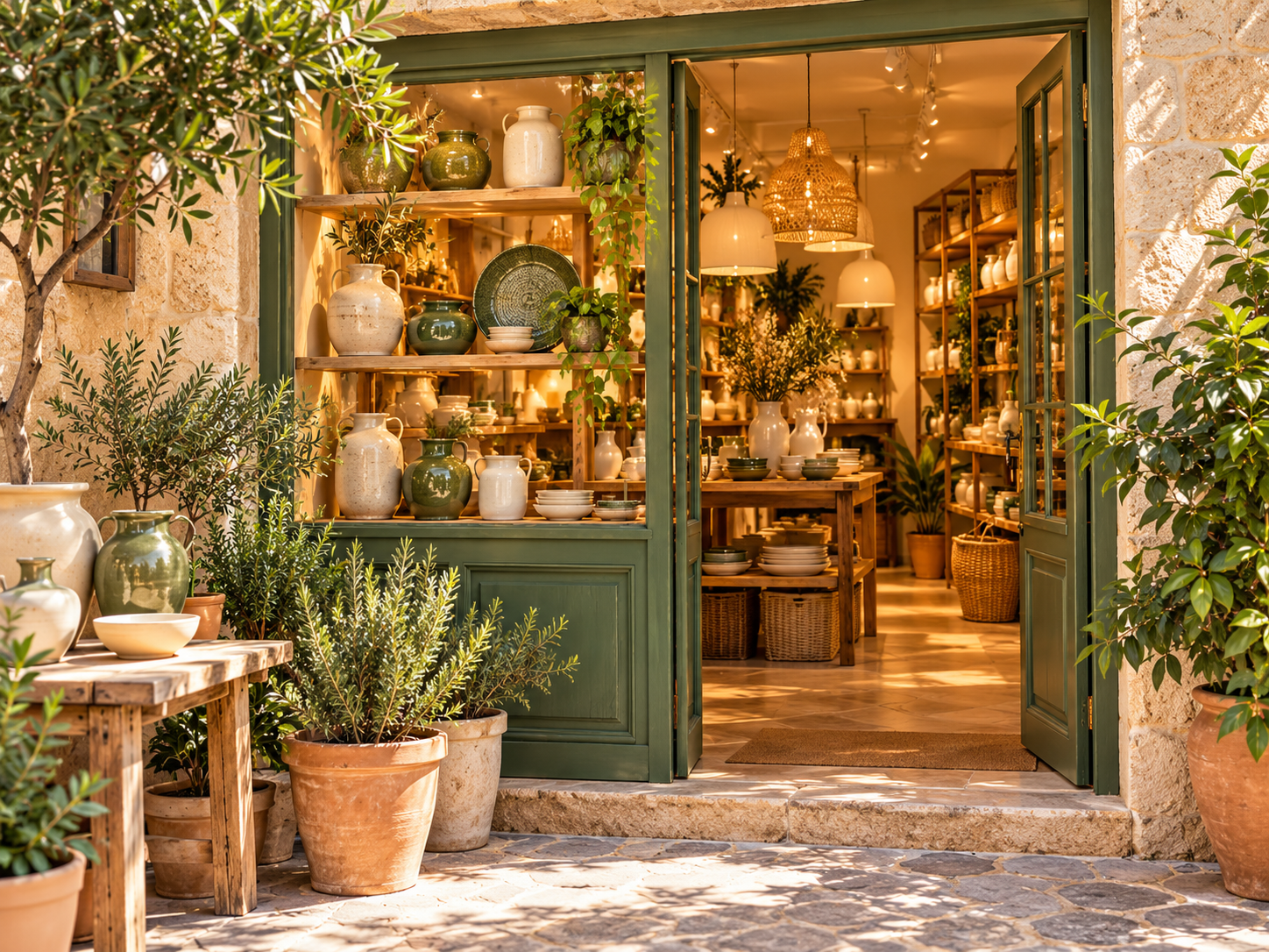 Fachada conceptual de un comercio mediterráneo con cerámica y plantas