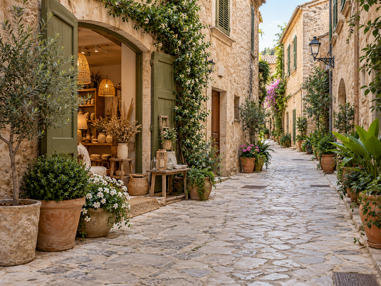 Calle mediterránea con plantas y comercios
